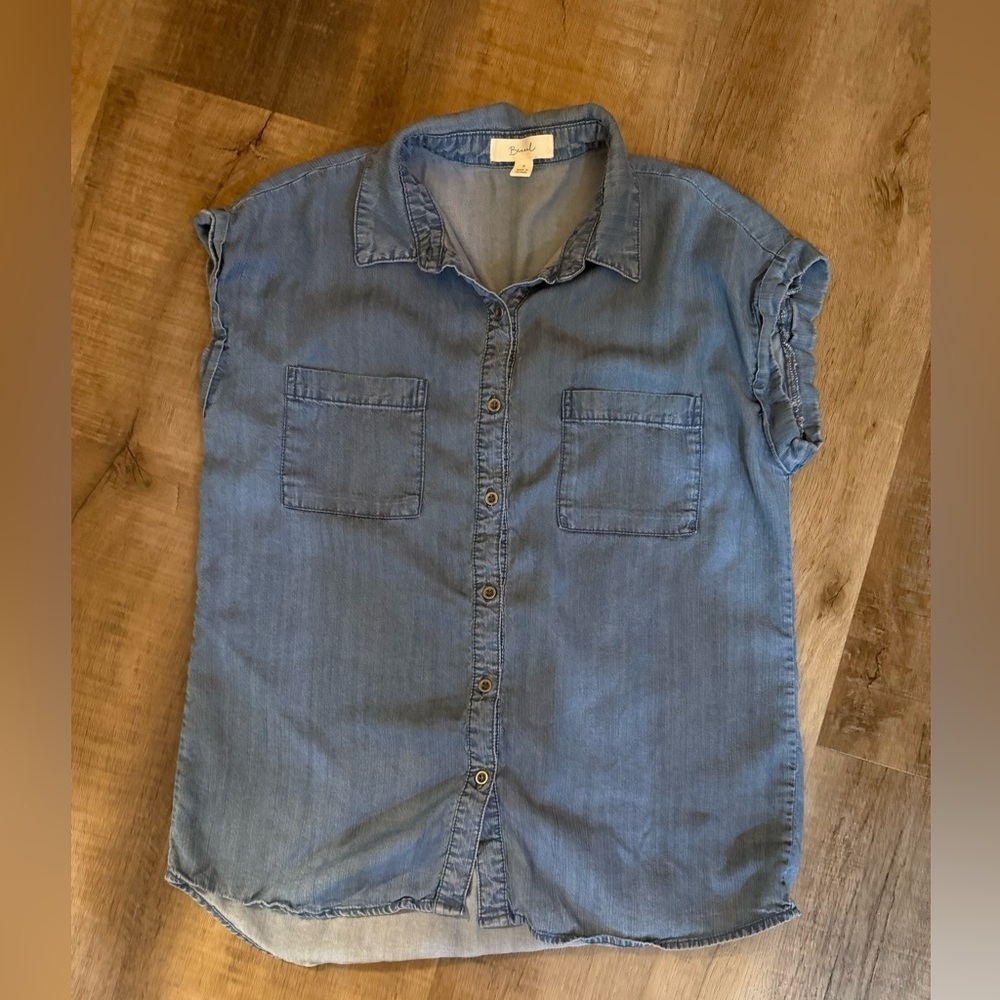 Be Cool Blue Denim Button-Up Sleeveless Shirt Size Small Becool - Picture 6 of 6